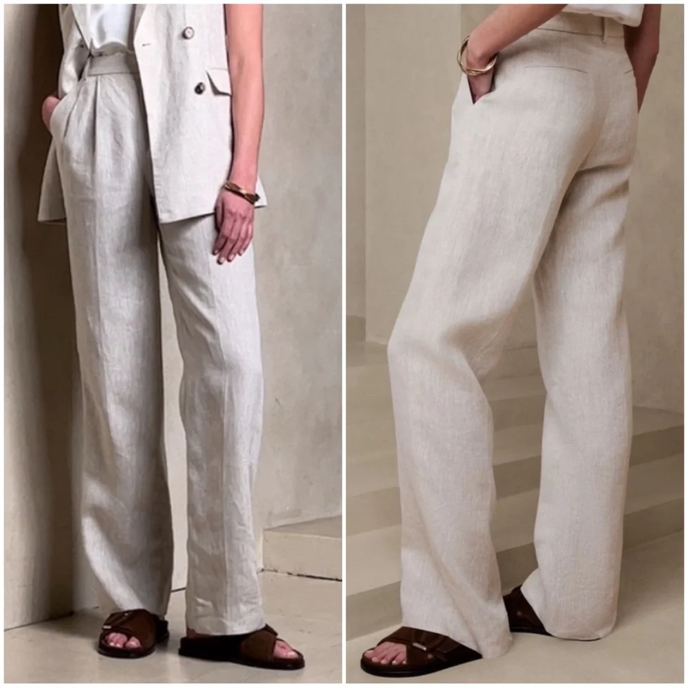 BANANA REPUBLIC Women Size 14 Palma Linen High-Waisted Pleated Straight-Leg Pant